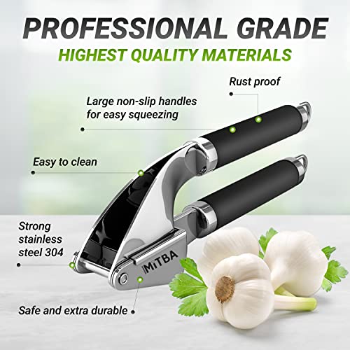 Mitba Garlic Press Set- Professional Stainless Steel Mincer, User Friendly With Non-Slip Handles Easy To Clean, And Highly Durable. Crusher Silicone Tube Peeler & Cleaning Brush Included (Black) #TOP3