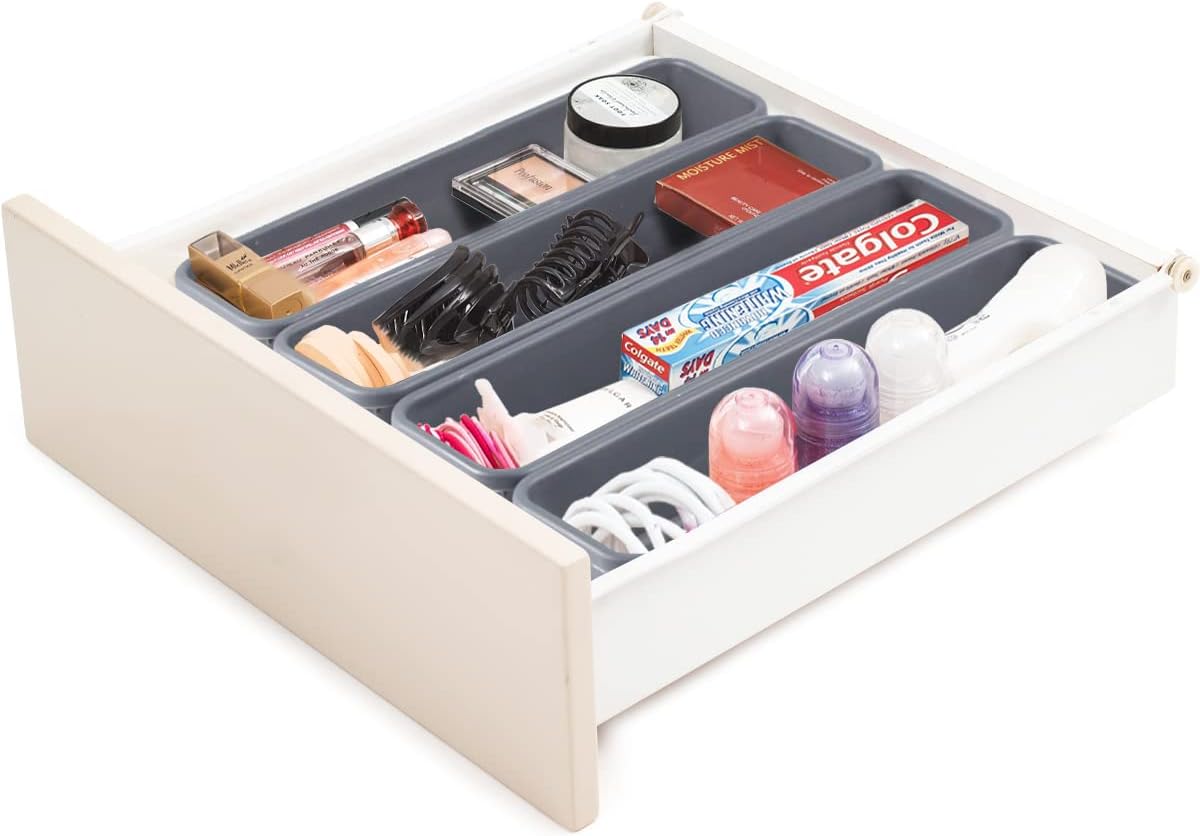 Nuts OT nuts Desk Drawer Organiser Tidy Dividers 16Pcs Makeup Dividers 3 Sizes Plastic Trays for Storage for Dresser Cosmetics Office Stationery Kitchen Utensil with 40 Non-slip Silicon Pads (Black) - Image 4