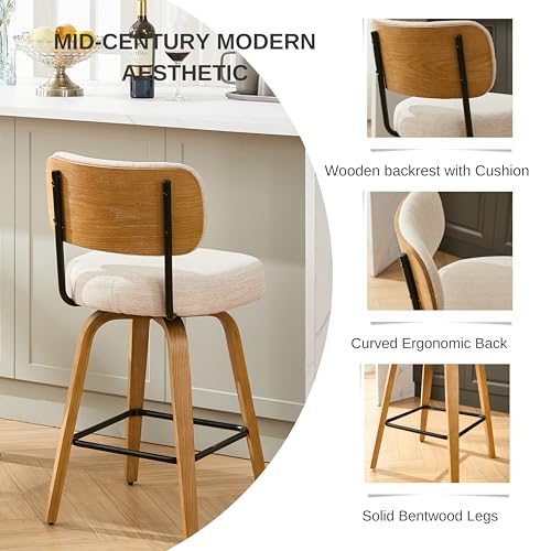 Image of Swivel Bar Stools Set of 2, 26 inch Upholstered Counter Height Bar Stools with Back and Oak Wood Legs, Linen Fabric Upholstered Barstools for Kitchen Counter, Linen Beige