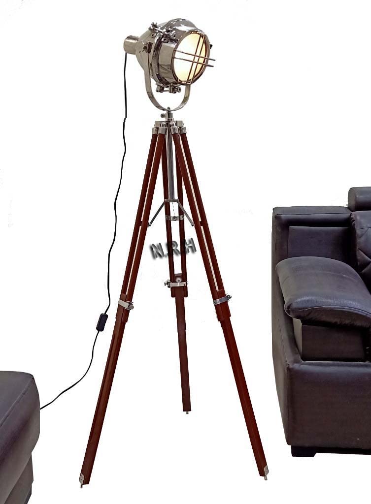 Vintage Movie Props Authentic Nautical Floor Lamp Light with Wooden Tripod Living Room Spotlight Lamp