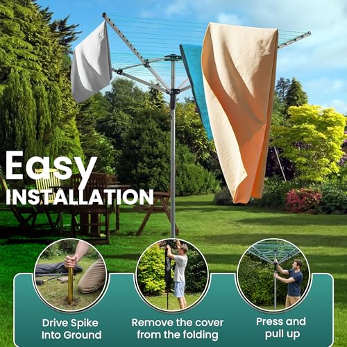 ZMR SHOP CRAFT 4 Arm 60M Robust Rotary Washing Line with Ground Spike, Adjustable Height Outdoor Dryer, 360° Rotating Garden Clothes Airer, 30KG Capacity for Large Family Laundry - Image 7