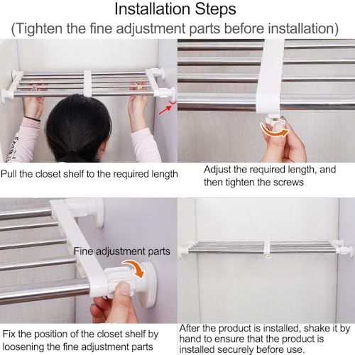 Image of Hershii Expandable Closet Tension Shelf Rod Adjustable Metal Storage Rack Cabinet Organizer DIY Divider Separator Shelves for Wardrobe Cupboard Kitchen Bathroom, Black, 15.75-23.62inches