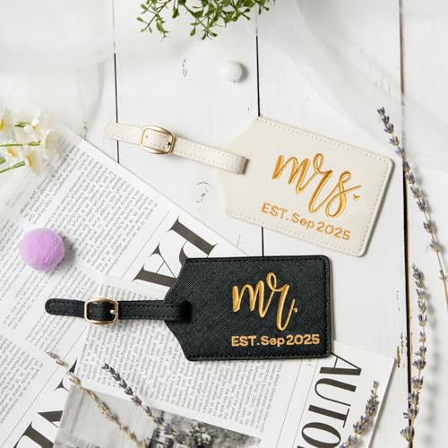 Mr and Mrs Est Luggage Tag, Embroidered Mr Mrs Luggage Tag with Est Date, Honeymoon Suitcase Accessories, Wedding Gift for Couples, Bridal Shower Present (Est. Sep 2025)4