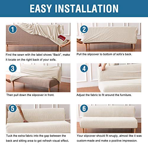 H.versailtex Armless Futon Cover Stretch Sofa Bed Slipcover Protector Elastic Feature Rich Textured High Spandex Small Checks Jacquard Fabric Futon Cover, Machine Washable, Natural #TOP4