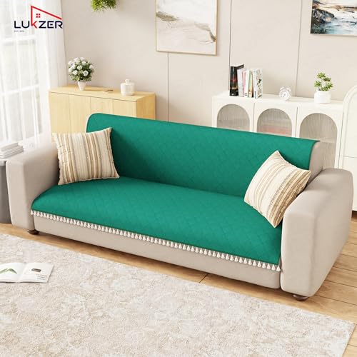 Image of Lukzer Quilted Sofa Cover Mat with Tassels for 2 Seater Sofa - Forest Green | Soft Washable Anti-Slip Protector for Living Room | Furniture Cover for Back-Seat Slipcover 120X150CM / SC-200-2T