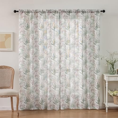 Image of SUOUO Green Tropical Palm Leaf Semi Sheer Curtains 84 inches Long Linen Textured for Living Room Patterned Red Floral Window Drapes for Dining Bedroom 2 Panels