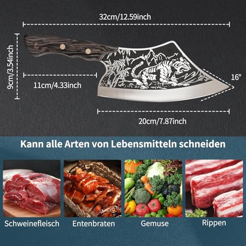 iPatio Japanisches Messer Küchenmesser Profi Messers, Original Japanisches Kochmesser im Damaststahl, Hackmesser Ausbeinmesser mit Lederscheide, Küchenmesser Outdoor Messer für Küchen Camping BBQ