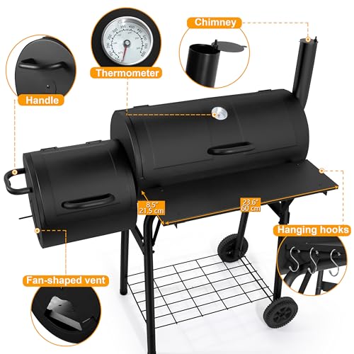 Charcoal Grill with Offset Smoker, Leonyo 13 Pcs Outdoor Charcoal Grill with Smoker, 445 Sq.in Barrel BBQ Grill with Cover & Chimney Starter, Barbecue Camping Charcoal Grills for Outdoor Backyard