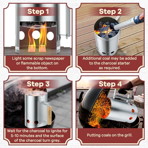 Leonyo Charcoal Chimney Starter, Heavy Duty BBQ Chimney Starter Perfect for Charcoal Grill and BBQ, Sturdy and Easy to Use BBQ Grill Tool for Rapid Fire Starter, Heat Resistant Wooden Handle, Silver - Thumbnail 4