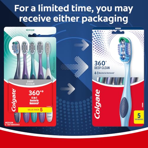 Image of Colgate 360 Whole Mouth Clean Toothbrush, Adult Medium Toothbrushes, 5 Count (Pack of 1)