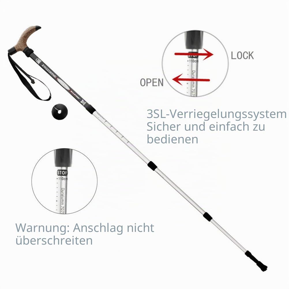KRY Bergstock / Wanderstock, T-förmiger Griff, einziehbar, aus Luftfahrt-Aluminiumlegierung, verstellbare Teleskopstange, Stoßdämpfung, schwarz
