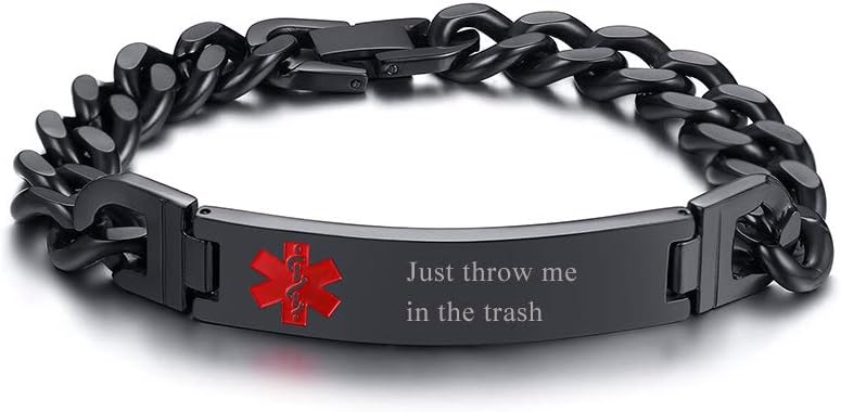 PJ Jewelry Personalized Stainless Steel Emergency Medical Alert ID Tag Curb Link Bracelet for Men-Free Engraving, Stainless Steel,