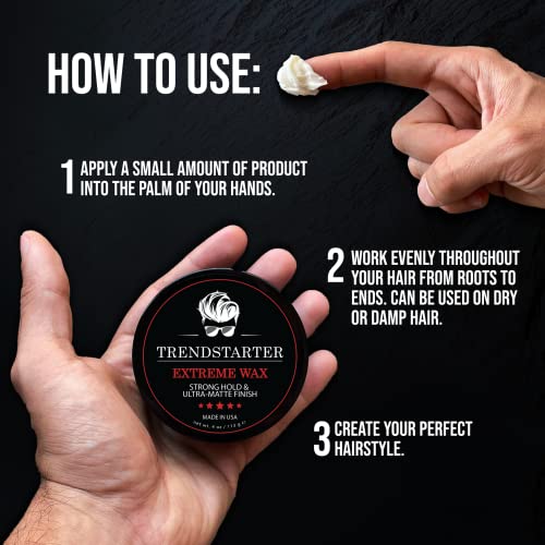Trendstarter - Extreme Wax (4Oz) - Strong Hold - Matte Finish - Free Travel Size Samples Included While Supplies Last - Premium Water Based Flake-Free Hair Wax For All Hair Types - All-Day Hold Hair Styling Pomade - Free Samples Included - Launched Spring 2022 #TOP4