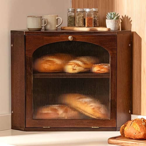 Solid Wood Corner Bread Box for Kitchen Countertop, Double Layer Large Bread Storage Container for Homemade Bread, Adjustable Shelf & Arched Window, Vintage Farmhouse Corner Breadbox, Brown