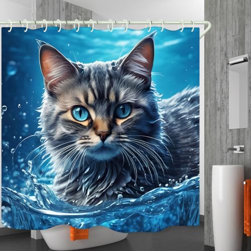 Image of LYFANS Bathroom with Sea Cat 3D Shower Curtains, Luxury Bathtub Standard Shower Curtain, Waterproof and Bright Fabric Shower Curtain Size (72x72 Inches)
