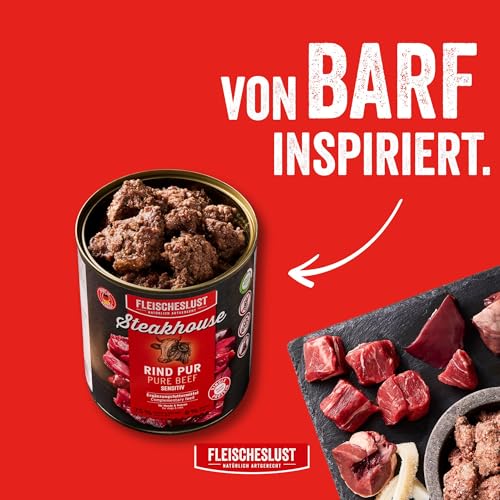 Fleischeslust Nassfutter für Hunde & Katzen | Steakhouse Rind pur (6x800g) | Reinfleisch-Dosen | Monoprotein | Ergänzungsfutter | getreidefrei | sensitiv