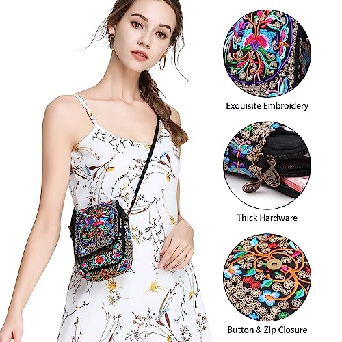Goodhan Flowers Embroidery Canvas Crossbody Bag, Women Messenger Bag, Cellphone Pouch Purse 2 PACK