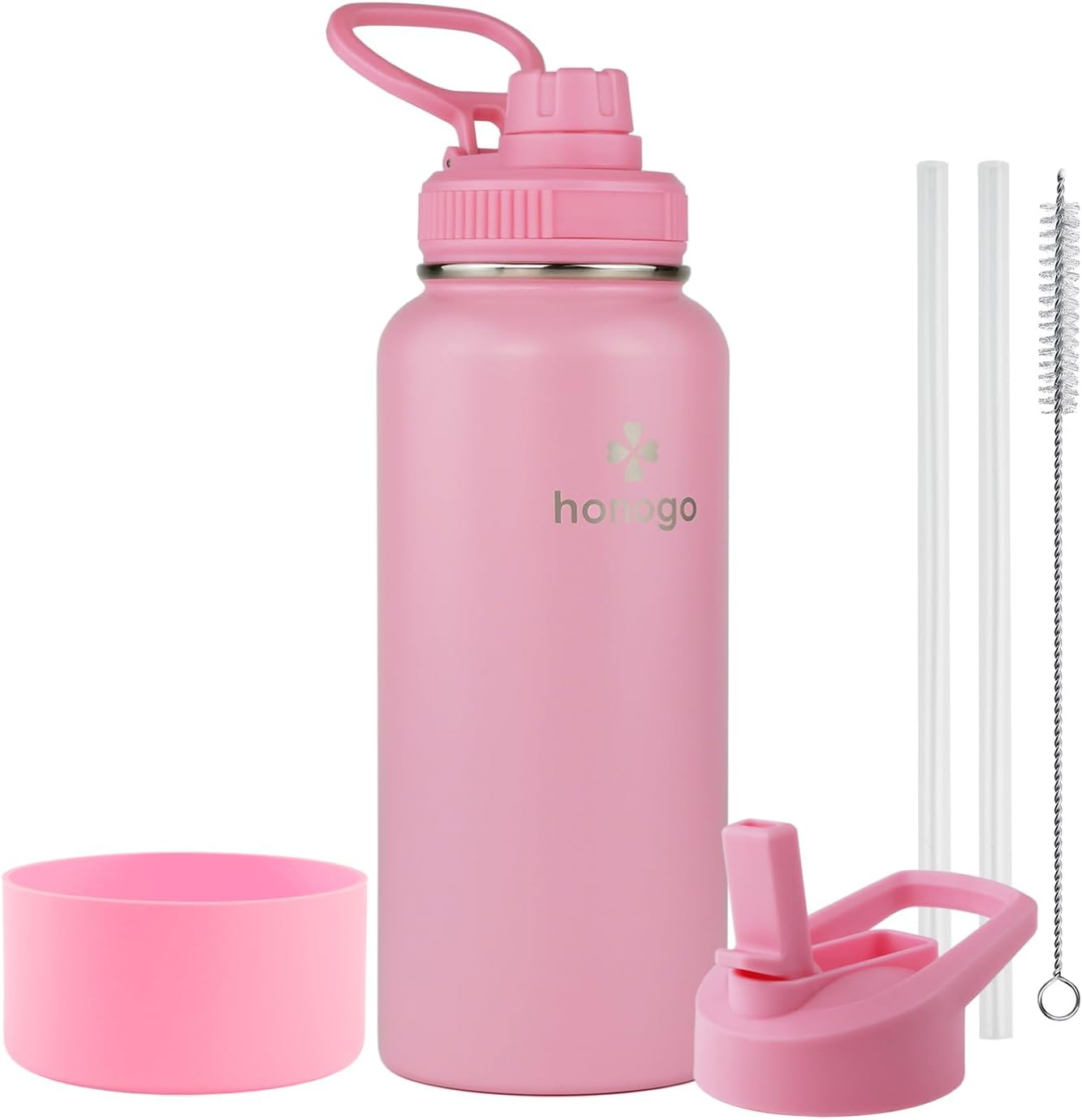 32 oz Powder Coated Double Wall Vacuum Insulated Sports Water Bottle, 18/8 Stainless Steel Wide Mouth Thermal Flask with Straw Lid & Spout Lid, Leak Proof, Sweat Free, BPA Free (Pink, 32 oz)