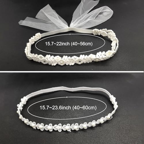 2 Pack Baby Girl White Flower Christening Headbands with Cute Tulle Pearl Hair Strap Elastic Headband, Soft Turban Hair Accessories Set of 2, for Newborns Infants Toddlers4