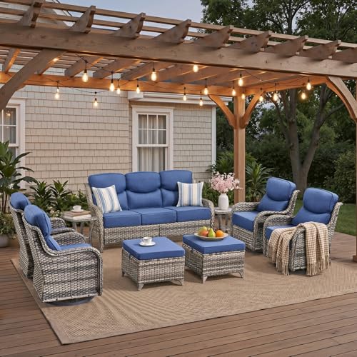 Pugire 9-Piece Patio Furniture Set with Cushions, Grey/Blue