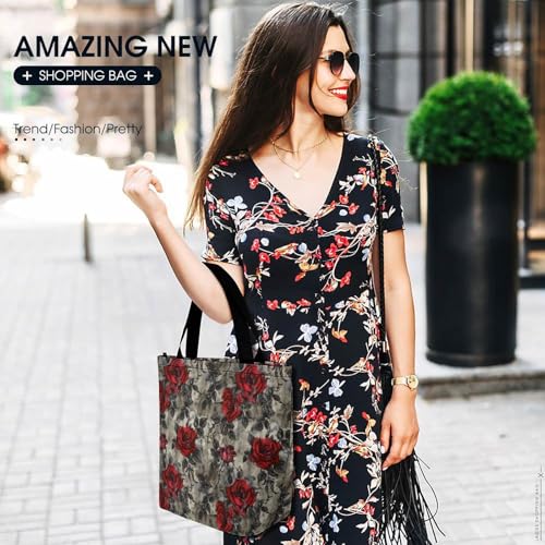 Red Flowers And Blue Palm Leaves Tote Bag for Women Reusable Shopping Bag Beach Bag for Shopping Gym Travel 6
