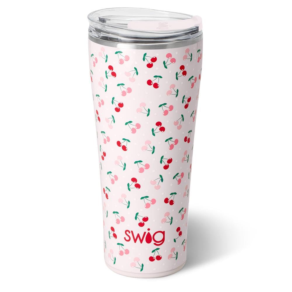 Swig Life 32oz Insulated Tumbler, Travel Coffee Tumbler with Lid, Cup Holder Friendly Travel Coffee Mug, Stainless Steel with Lid (Cherry Pie)