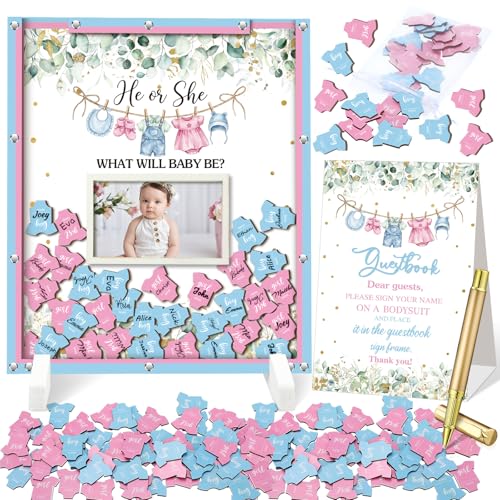 Image of Beeveer 65 Pcs Gender Reveal Baby Shower Guest Book Alternatives Greenery He or She Gender Reveal Decorations Sign in Guest Book with Picture Frame and 60 Wooden Chip for Boy or Girl Party Keepsake