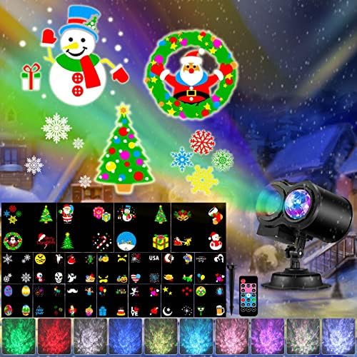 Christmas Projector Lights 2-in-1 Moving Patterns with Ocean Wave LED Landscape Lights Waterproof Outdoor Indoor Xmas Theme Party Yard Garden Decorations 18 Slides 10 Color