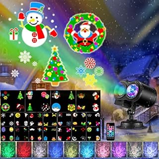 Christmas Projector Lights 2-in-1 Moving Patterns with Ocean Wave LED Landscape Lights Waterproof Outdoor Indoor Xmas Theme Party Yard Garden Decorations 18 Slides 10 Color