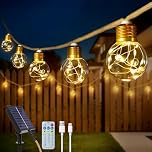 Ollny 12M 24 Shatterproof G50 Bulbs 240 LEDs Solar Hemp Rope Festoon Garden Lights with Remote, 8 Modes/3 Timer/IP45/USB & Solar Panel Charging, Outdoor String Light for Tree, Yard, Party, Patio Decor