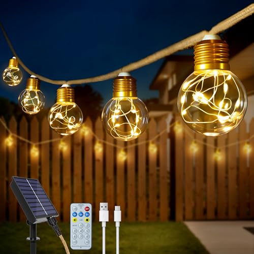 Ollny 12M 24 Shatterproof G50 Bulbs 240 LEDs Solar Hemp Rope Festoon Garden Lights with Remote, 8 Modes/3 Timer/IP45/USB & Solar Panel Charging, Outdoor String Light for Tree, Yard, Party, Patio Decor