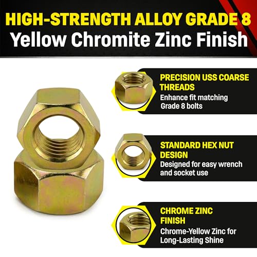 Image of Chenango Supply 5 /8-11 Grade 8 Hex Nuts, Alloy Steel Heavy Duty Nuts | 150,000 PSI Proof Load, Yellow Zinc Chromate Finish, USS Coarse Thread Industrial Fasteners, 10 Pieces (5 /8-11 HxNut G8)