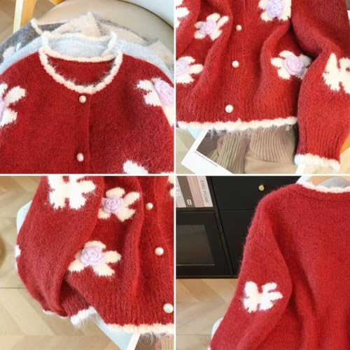 Image of FindThy Women's Kawaii 3D Floral Cardigan Long Sleeve Crewneck Knit Cardigan Sweaters