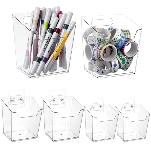 6 Pcs Clear Adhesive Wall Storage Bins, Small Cabinet Door Organizer Holders, Hanging Wall Mount...
