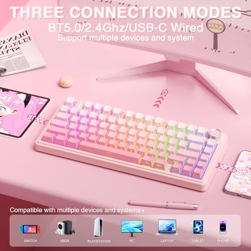 Image of AULA F75 Pro Wireless Mechanical Keyboard Silent Version,75% Hot Swappable Custom Keyboard with Knob,RGB Backlit,Pre-lubed Switches,Side Printed PBT Keycaps,2.4GHz /USB-C /BT5.0 PC Gaming Keyboards,Pink