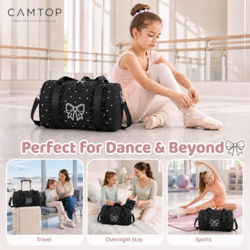 Image of CAMTOP Girls Dance Duffle Bag with Shoe Compartment, Ballet Gymnastics Bag for Girls 4-6, Toddler Travel Overnight Sports Bag with Strap, Cute Ballerina Gift (Black Polka dot)