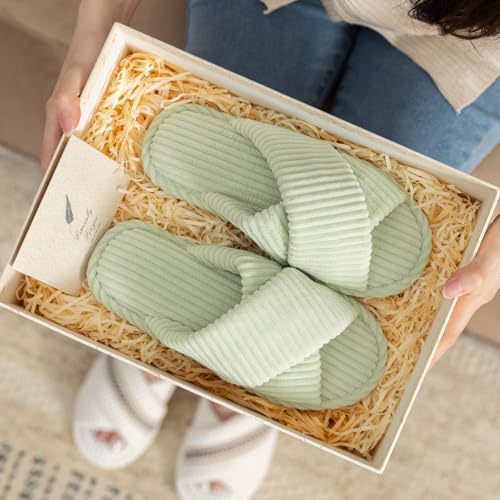 Image of GOEWY Slippers for Women Memory Foam House Bedroom Corduroy Crossbands Open Toe Slides Sandals Shoes Comfy Trendy Gift for womens Anti-Skid sole