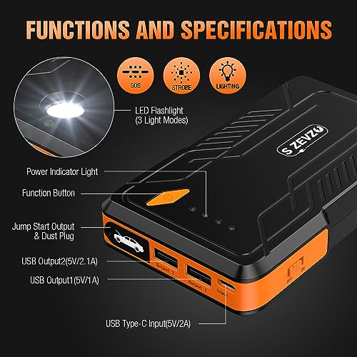 Image of S ZEVZO Jump Starter Portable Jump Starter for Car 12V Auto Battery Booster Pack with Smart Clamp Cables, USB Charge, LED Flashlight Jump Box