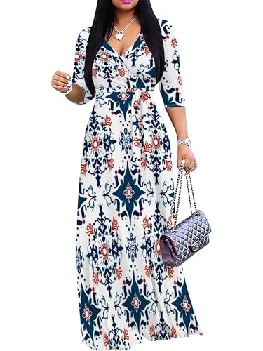 Image of PinkPatty Plus Size Maxi Dress for Women Casual V Neck 3 /4 Sleeve Boho Printed Long Dress with Pockets