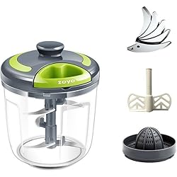 Moledor De Verduras Manual Cortador de Cebolla Manual 900ML Picadora Manual con Cuerda con Acero Inoxidable 5 Cuchillas Mini Multitrituradora de Cocina Universal para Verduras, Frutas, Cebollas, Nueces