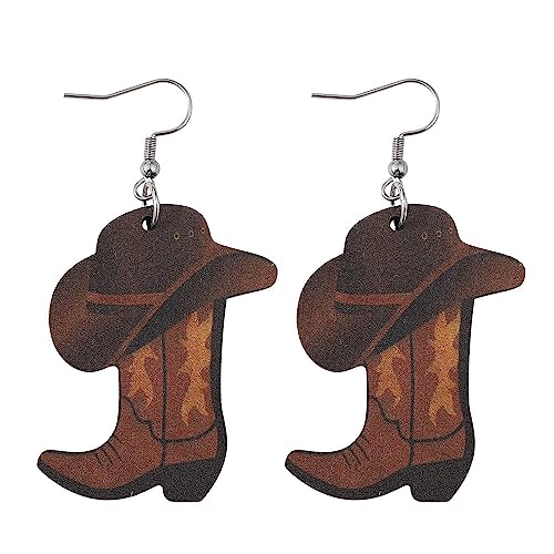 Wooden Cowgirl Dangle Earrings Western Cowboy Cowgirl Hats Wooden Boots Drop Earrings for Women Western Cowgirl Boots Hat Earrings Halloween Earrings Western Country Party Jewelry Gifts
