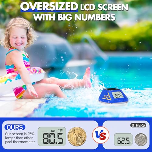 Image of Pircaath Next-Gen Solar Pool Thermometer Floating with Large Backlit Screen | Extra-Large LCD Display for Easy Read, Rope Included, IP68 Waterproof Digital Pool Water Temperature Gauge for Hot Tub, Spa