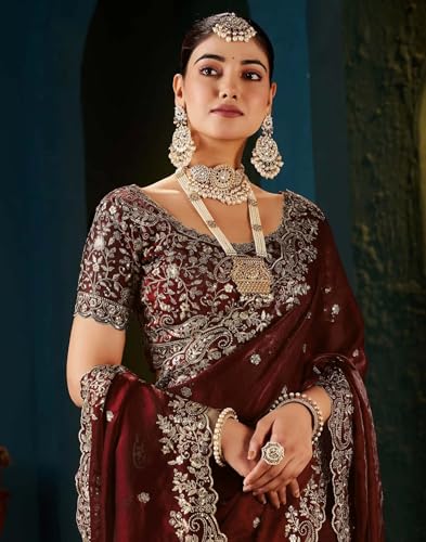 Image of Sidhidata Women's Soft Fandy Satin Embroidered Saree With Multi Sequence Cut Work Boarder & Comes With Unstitched Blouse Piece (Jimmy Free Size)