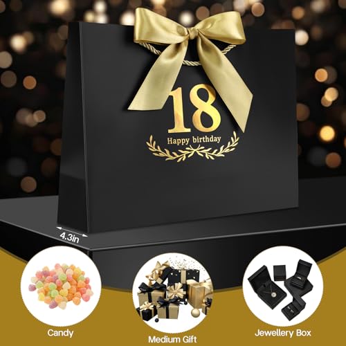 Image of JMANNI Black Gold 18th Birthday Gift Bag with Card and Tissue Paper, 12.6 inchx9.84 inchx3.9 inch Elegant Present Bag for Adults, 18 Year Old Birthday Keepsake Party Supplies