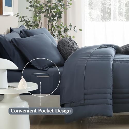Image of Monbix Oversized King Size Comforter Set - 7 Pieces Blue Gray Bed in a Bag Oversized King Bedding Sets with Comforter, All Seasons Comforter Bed Set with Sheets, Pillowcases & Shams
