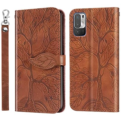 ZZHAO Mobile Phone Case for Xiaomi Redmi Note 10 5G / Poco M3 Pro 5G - Wallet Flip Cover Accessory Case PU Leather Protective Case with Stand, with Lanyard, Card Slot and Magnetic Closure - Brown Cover