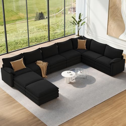 Image of Vesgantti Large Modular Sectional Sofa, Big Comfy Cloud Couch with Ottoman Deep Seat Chenille Cloud Sofa, 9 Seater Large Sectional Couches for Living Room, Bedroom and Apartment, Black