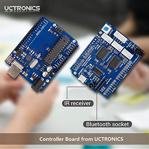 UCTRONICS Smart Bluetooth Robot Car Kit - Board for Arduino UNO R3, Line Tracking, Ultrasonic Sensor, HC-05 Bluetooth, L239D Motor Shield, IR Remote Control, Mobile APP - Charger Included