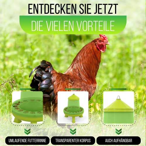 Futterautomat mit Füßen mit 2, 4, 8, 12 und 16 kg grün I Hühner, Geflügel Futterspender I Automatischer Spender für Hühnerfutter I Futterstation aufhängbar I Wasserdichter Automat (2 kg)