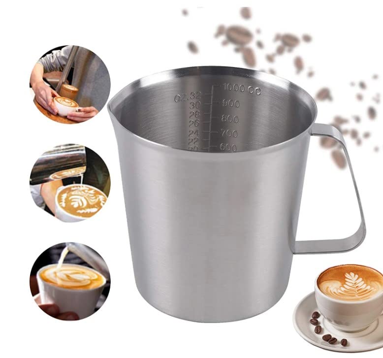 Ziyonix 1000 ml Brocca in Acciaio Inox, Bricco per Latte in Acciaio Inox Bicchiere Graduato per Misurazione a Resistenza Misurino in Acciaio con
